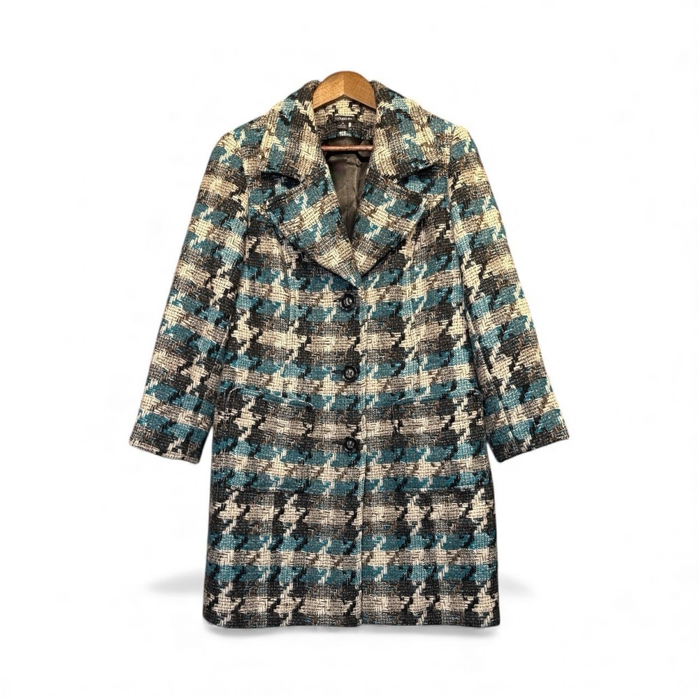 Claudia EV Women's Wool Blend Coat Sz 10 Teal Black Cream Houndstooth Tweed Chic